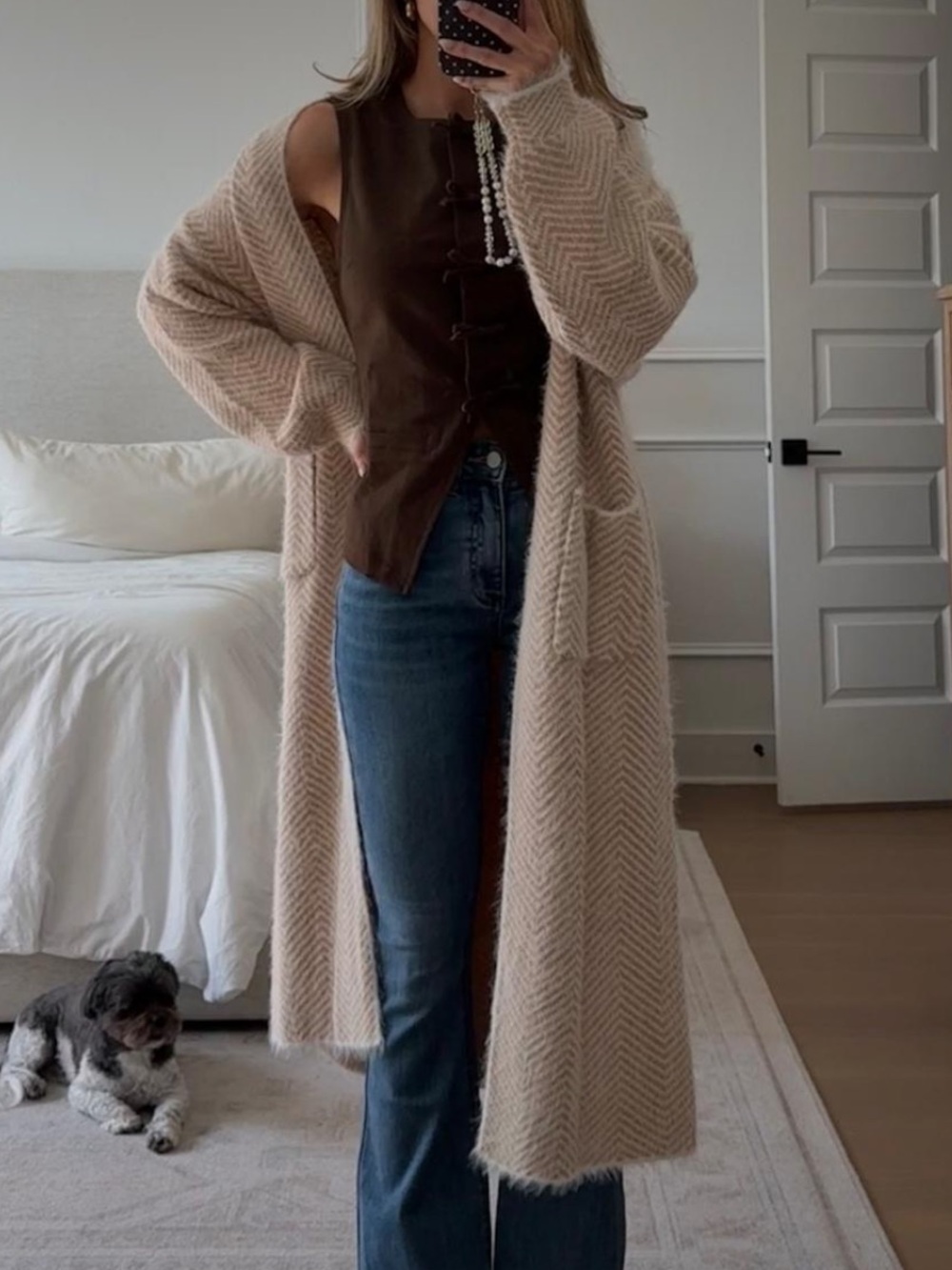 Cozy Long Open-Front Women's Cardigan Sweater in Beige
